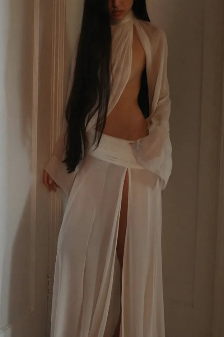 Sexy See-through High-neck Long-sleeved Draped Top and High-waisted Slit Maxi Skirt Vacation Set
