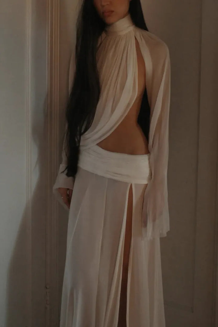 Sexy See-through High-neck Long-sleeved Draped Top and High-waisted Slit Maxi Skirt Vacation Set