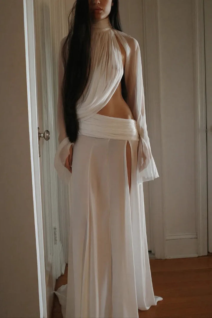 Sexy See-through High-neck Long-sleeved Draped Top and High-waisted Slit Maxi Skirt Vacation Set