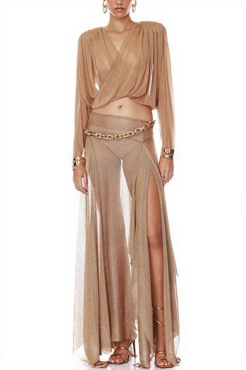 Dazzle Vacation Metallic Knit Long-sleeve Draped Crop Top and Mid Rise Irregular Slit Hem Maxi Skirt Set