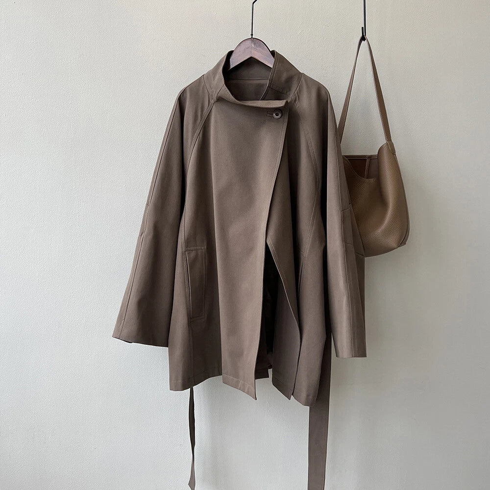 French Retro Trench Coat Women Spring Loose Waist Stand Collar Top Cotton