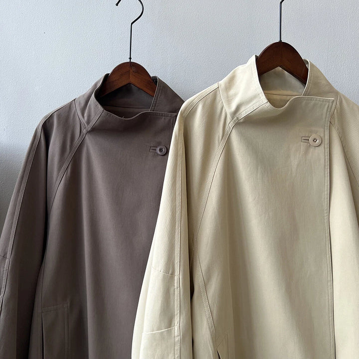 French Retro Trench Coat Women Spring Loose Waist Stand Collar Top Cotton