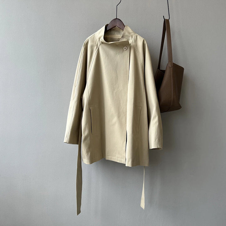 French Retro Trench Coat Women Spring Loose Waist Stand Collar Top Cotton