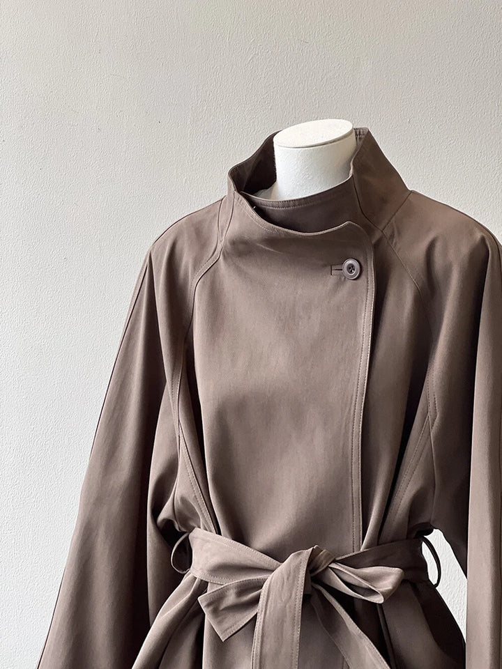 French Retro Trench Coat Women Spring Loose Waist Stand Collar Top Cotton