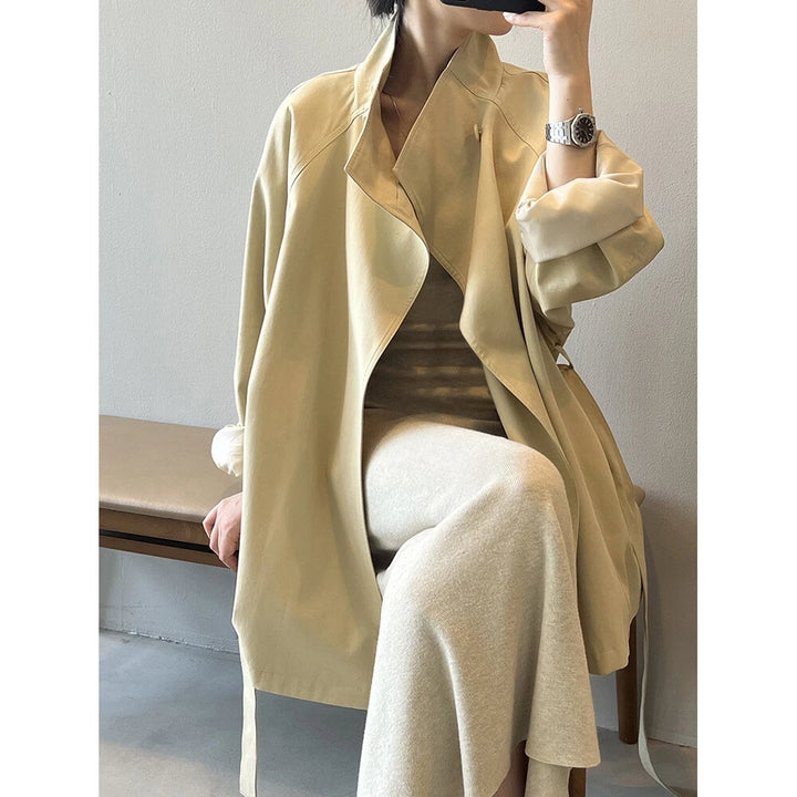 French Retro Trench Coat Women Spring Loose Waist Stand Collar Top Cotton