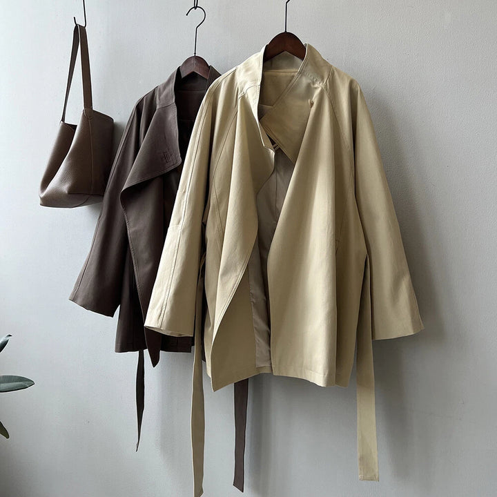 French Retro Trench Coat Women Spring Loose Waist Stand Collar Top Cotton
