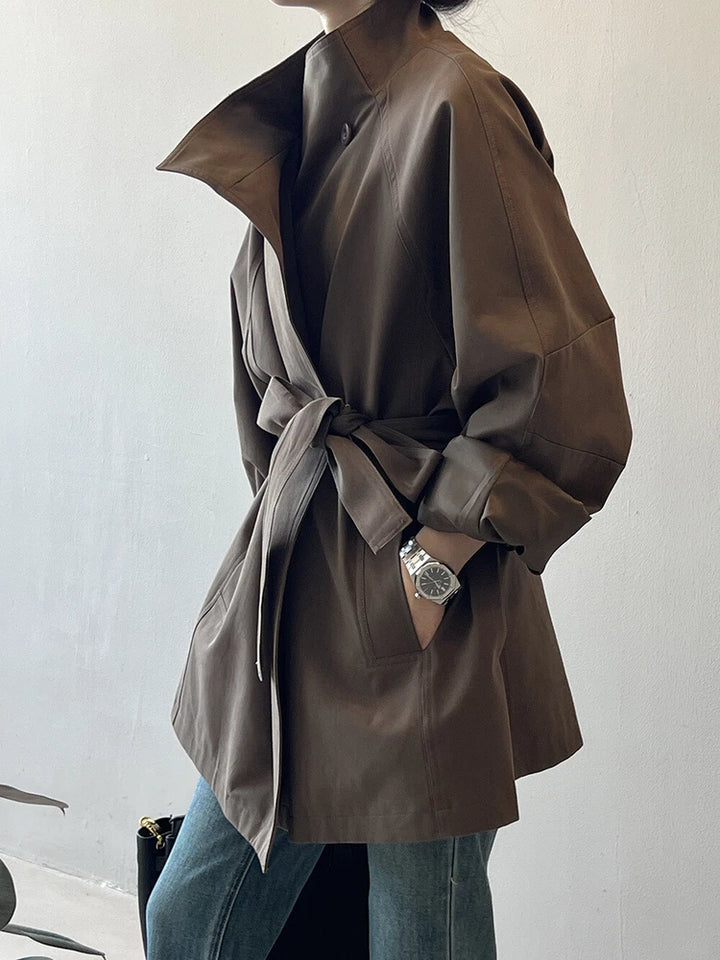 French Retro Trench Coat Women Spring Loose Waist Stand Collar Top Cotton