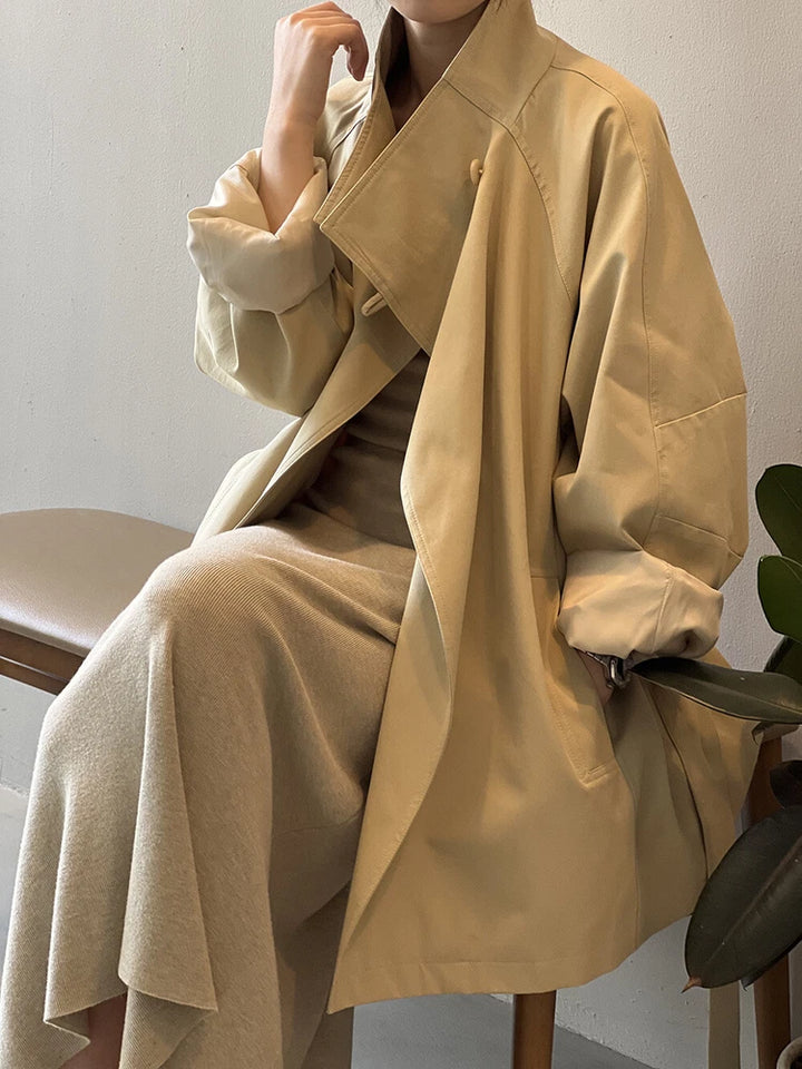 French Retro Trench Coat Women Spring Loose Waist Stand Collar Top Cotton