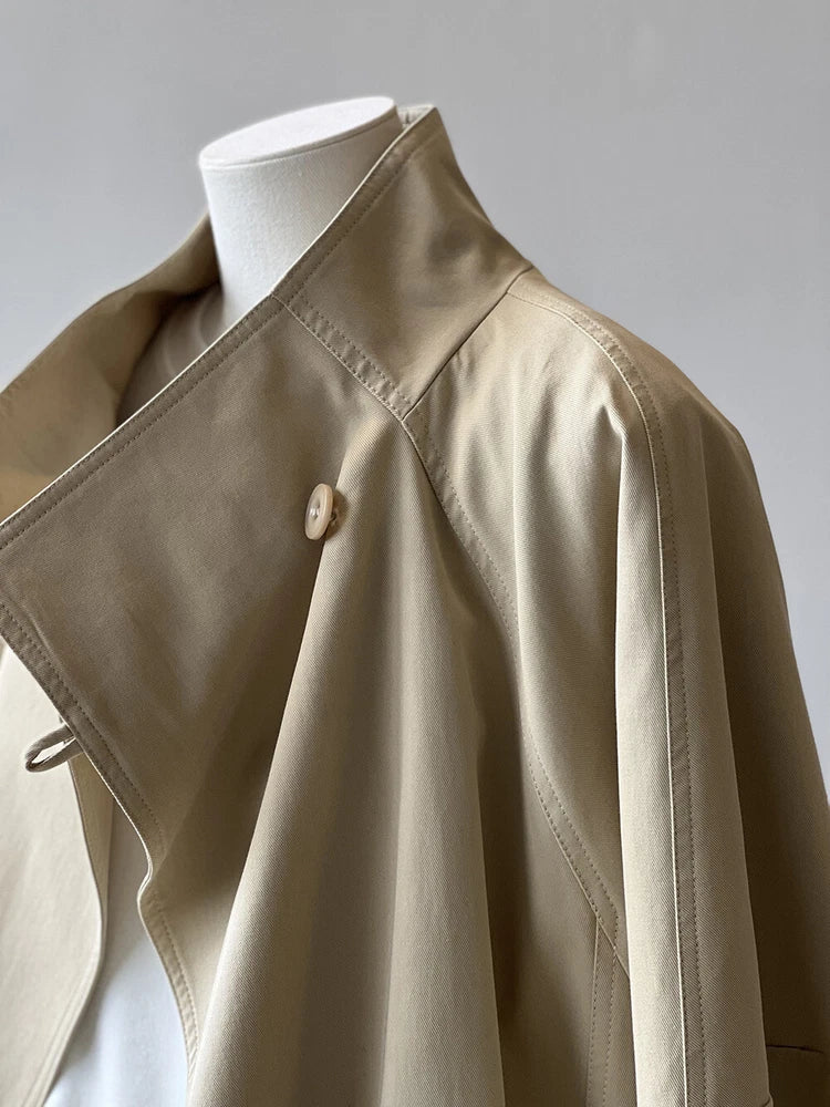 French Retro Trench Coat Women Spring Loose Waist Stand Collar Top Cotton