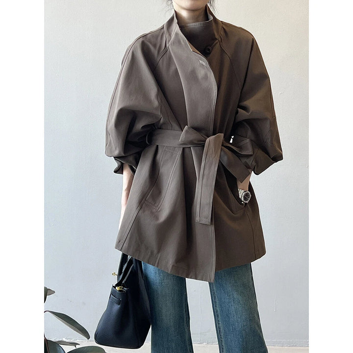 French Retro Trench Coat Women Spring Loose Waist Stand Collar Top Cotton