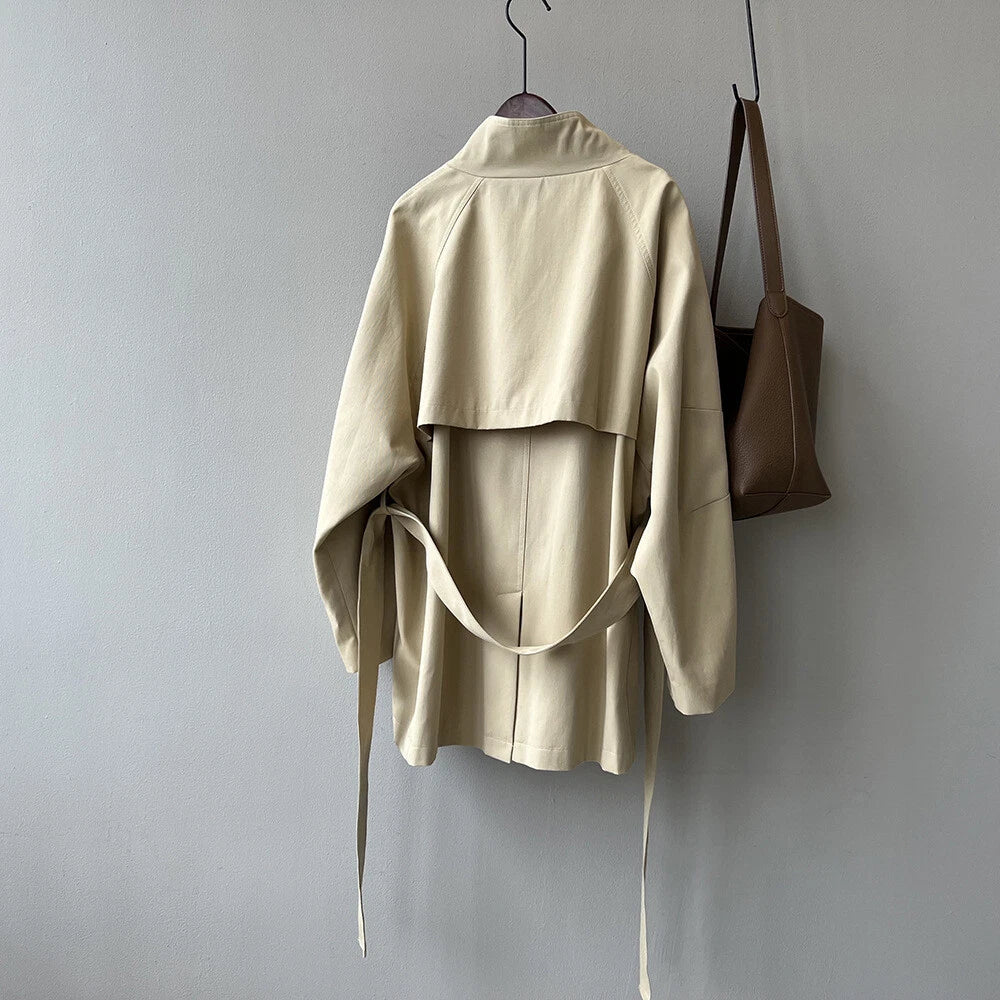 French Retro Trench Coat Women Spring Loose Waist Stand Collar Top Cotton