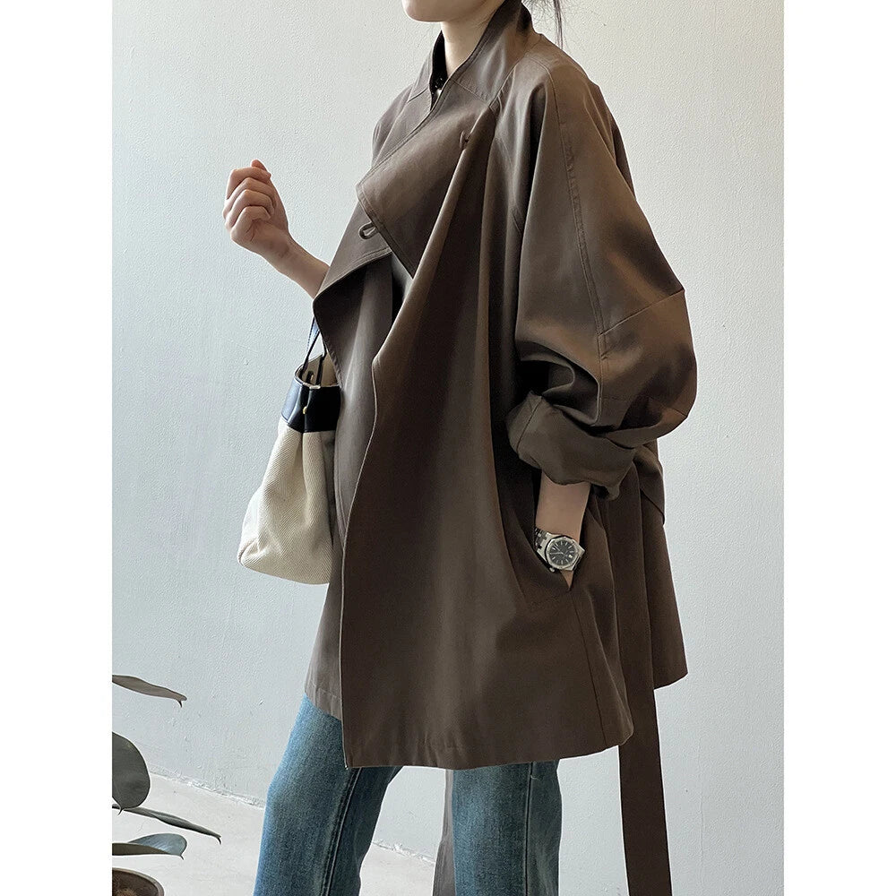 French Retro Trench Coat Women Spring Loose Waist Stand Collar Top Cotton