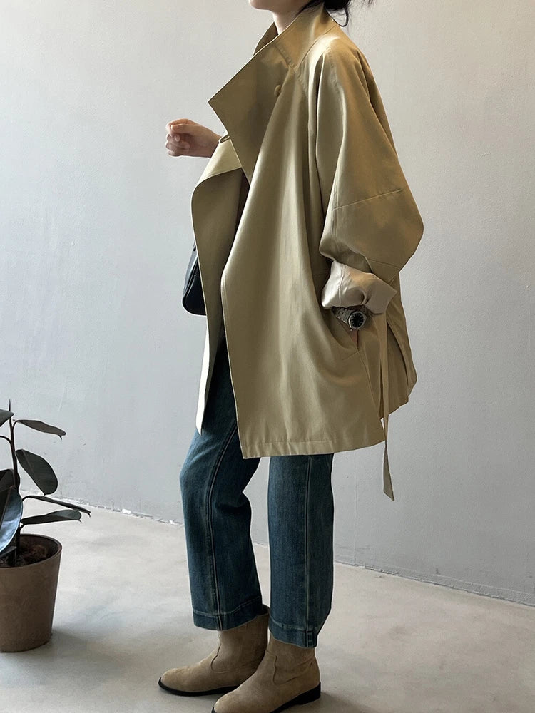 French Retro Trench Coat Women Spring Loose Waist Stand Collar Top Cotton