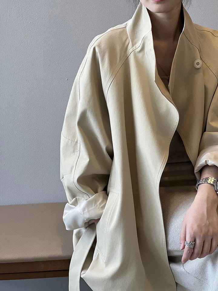 French Retro Trench Coat Women Spring Loose Waist Stand Collar Top Cotton