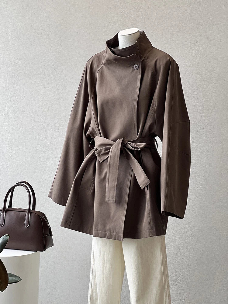French Retro Trench Coat Women Spring Loose Waist Stand Collar Top Cotton