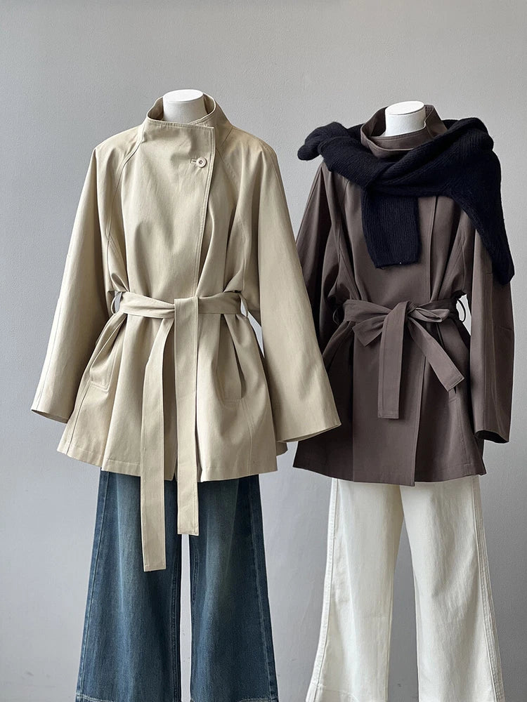 French Retro Trench Coat Women Spring Loose Waist Stand Collar Top Cotton