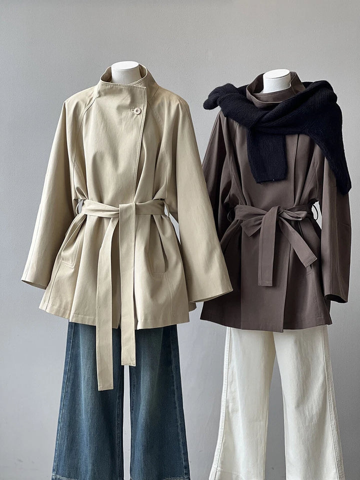 French Retro Trench Coat Women Spring Loose Waist Stand Collar Top Cotton