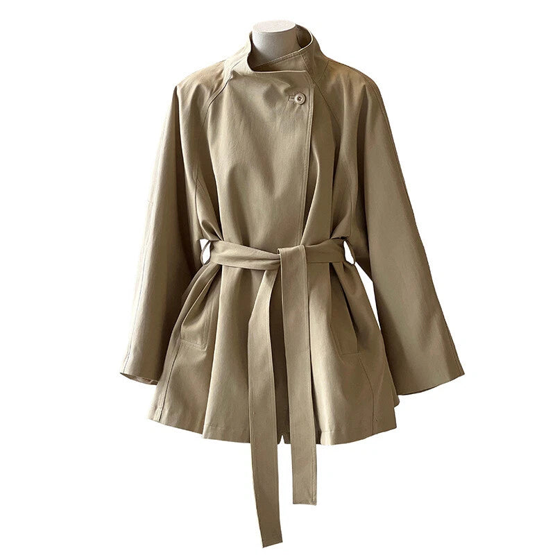 French Retro Trench Coat Women Spring Loose Waist Stand Collar Top Cotton