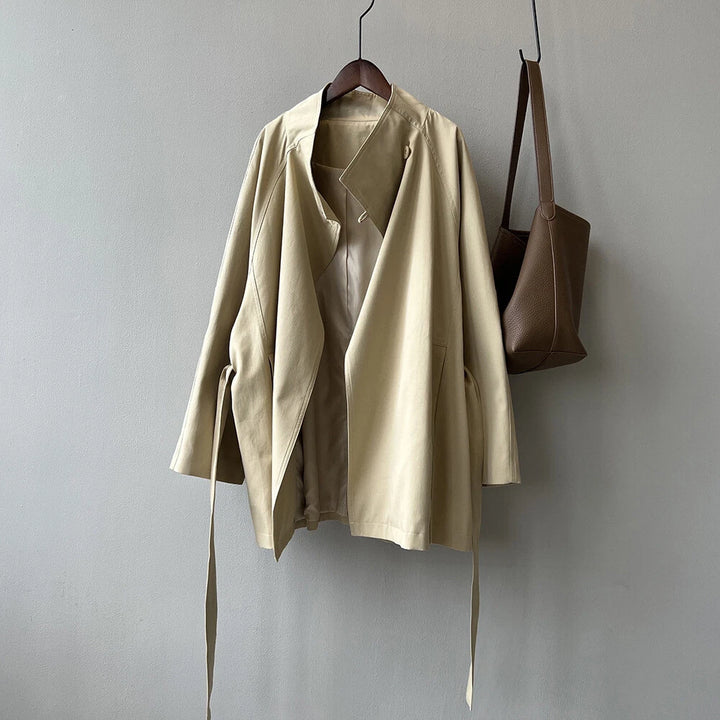 French Retro Trench Coat Women Spring Loose Waist Stand Collar Top Cotton